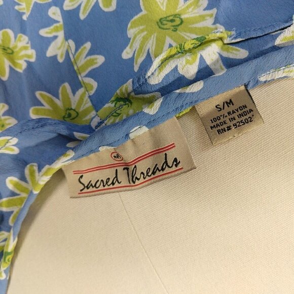 Vintage 90s Floral Print Dress Size S Blue Daisy Ruffle Rayon Grunge 1990s - Picture 7 of 8